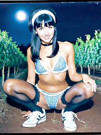 A slender enchanting woman in 1960s attire frolics under moonlit vines